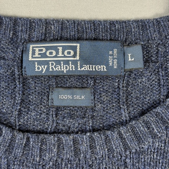 Polo Ralph Lauren Sweater Mens Large Blue Cable Knit Silk Crewneck Pullover - Picture 4 of 11